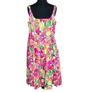 American Living Floral Square Neck Pleated Fit Flare Dress Pink Orange Green 14